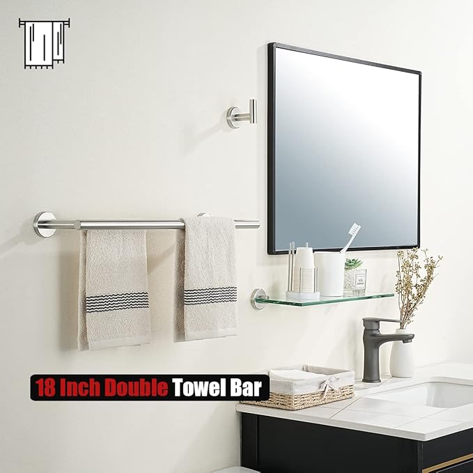 JQK Double Bath Towel Bar, 20.5 Inch 304 Stainless Steel Thicken 0.8mm Towel Rack Bathroom, Towel Holder Brushed Finished Wall Mount, Useable Length 18 Inch, TB100L18-BN