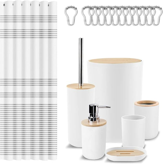Britimes Bathroom Accessories Sets, White Shower Curtain Set with Trash Can, Soap Dispenser, Toilet Brush Holder, Toothbrush Holder and Toothbrush Cup for Bathroom Decor 72"*72"