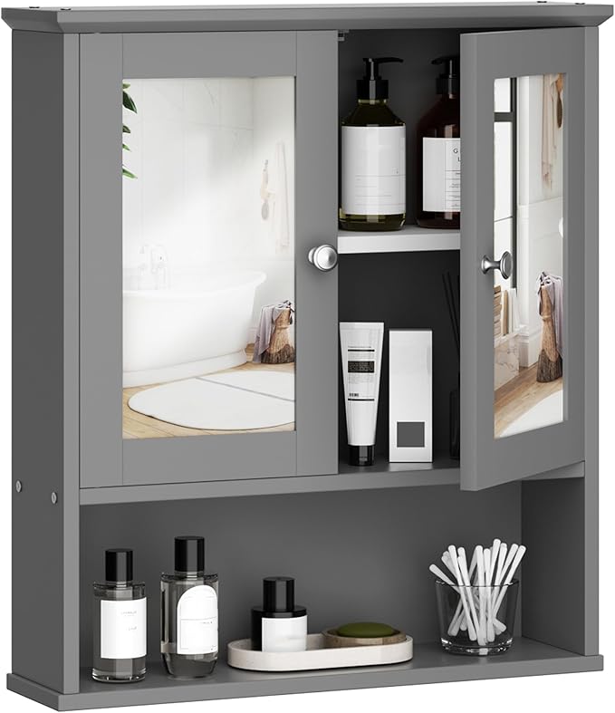 Shintenchi Bathroom Cabinet with Mirror, Wood Medicine Cabinet with Adjustable Shelf, Wall Mount Cabinet Storage, Cupboard, Gray