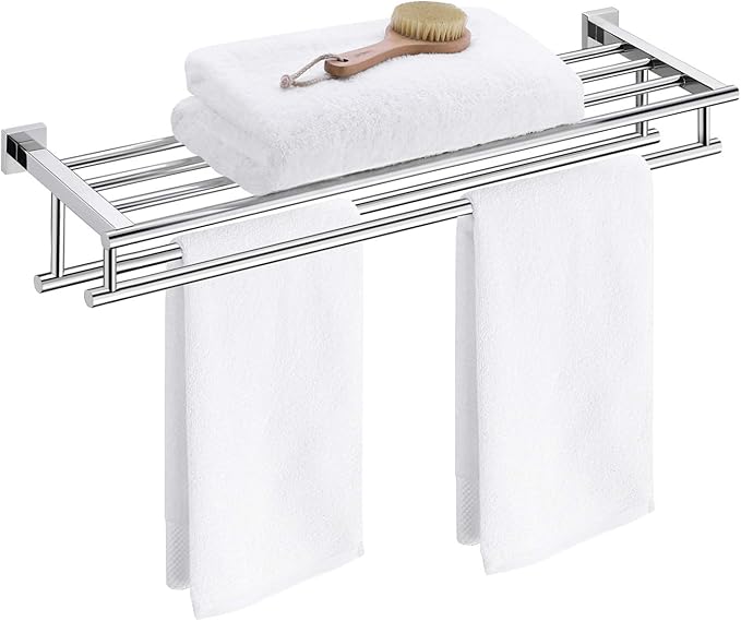 KES Large Towel Rack, Towel Shelf with Two Bar (29.37Inch Stainless Steel) Shower Organizer Modern Square Style Wall Mount Polished Finish, A2112S75