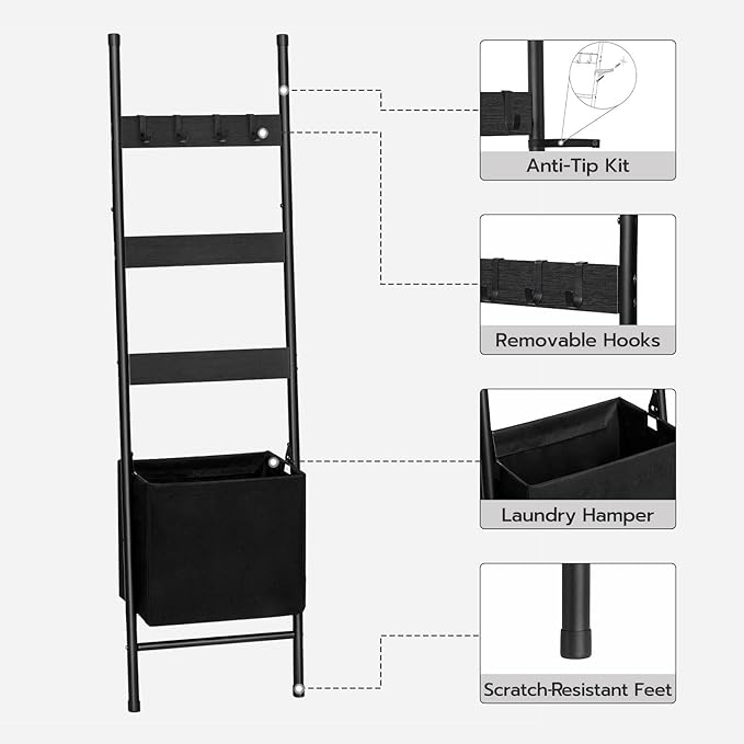 HOOBRO Blanket Ladder with Basket, 17.3”L x 63.4”H, Towel Rack with Hooks, Blanket Holder Rack, Decorative Ladder Shelf, Drying and Display Rack for Bathroom, Living Room, Black BB31CJ01