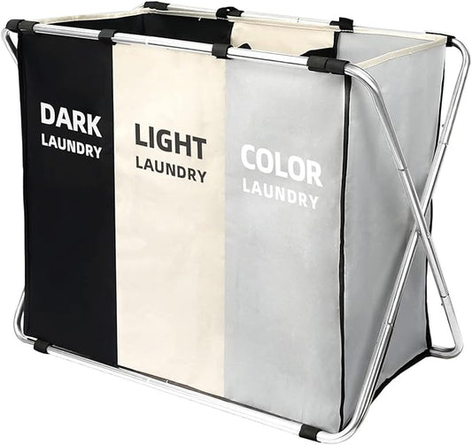 135L Laundry Cloth Hamper Sorter Basket Bin Foldable 3 Sections with Aluminum Frame 26''×24''H Washing Storage Dirty Clothes Bag for Bathroom Bedroom Home Storage Basket (Black+light grey+dark grey, 3
