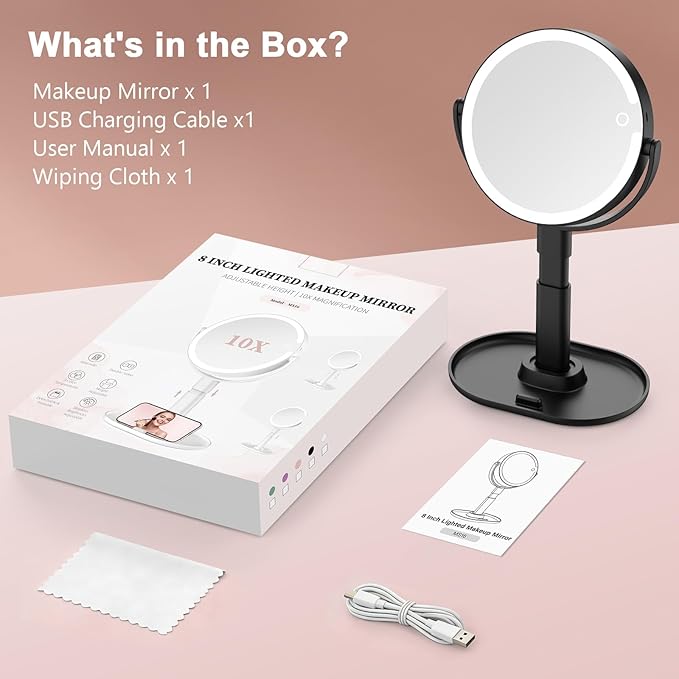 Lighted Makeup Mirror with 10X Magnification, Rechargeable LED Magnifying Vanity Mirror with 3 Lights, Adjustable Height, Storage Base and Phone Holder, Black, 8 inch