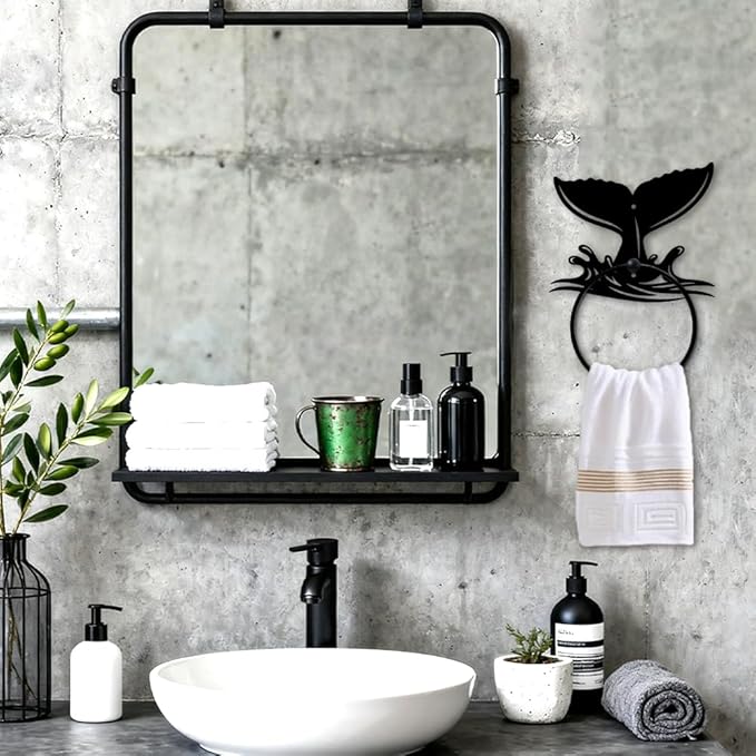 MAYJOYDIY Whale Tail Metal Towel Ring Round Fish Tail Hand Towel Holder Ocean Ring Hanger Wall Mount Black Vintage Towels Wall Organizer for Kitchen Bath Home Laundry Room Decors Gifts