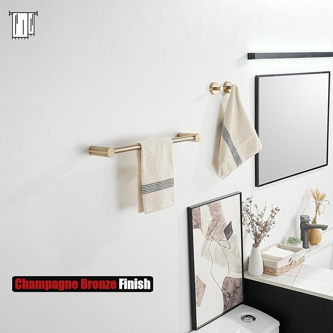 JQK Towel Bar Champagne Bronze, 18.5 Inch 304 Stainless Steel Thicken 0.8mm 2 Pieces Towel Rack Bathroom Wall Mount, Useable Length 16 Inch, TB610L16-CB