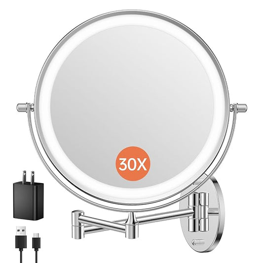 FUNTOUCH 5000mAh Rechargeable Wall Mounted Makeup Mirror with Lights, 9" Double Sided 1X/30X Magnifying Mirror with Dimmable 3 Color Light, Extended Swing Arm 360° Wall Mount Bathroom Mirror,Chrome