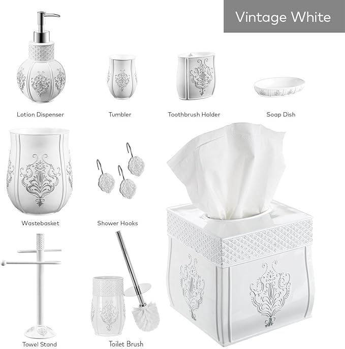 Creative Scents Vintage White Bathroom Accessories Set - 4 Piece Bathroom Set - Farmhouse French Country Bathroom Accessory Set Features: Soap Dispenser, Toothbrush Holder, Tumbler & Soap Dish
