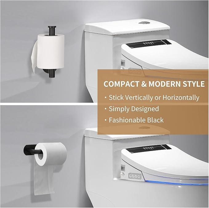 LAYUKI Toilet Paper Holder,Adhesive,Matt Black,Wall Mount,Toilet Paper Roll Holder,no Drilling,Bathroom/Rv/Washroom, SUS 304 Stainless Steel, Rustproof (Black, 1 Piece)