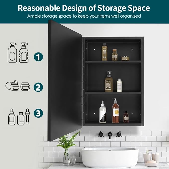 Movo Medicine Cabinet with Mirror, 16 inch x 24 inch Black Metal Framed Recessed Bathroom Medicine Cabinet Wall Mounted with Mirror