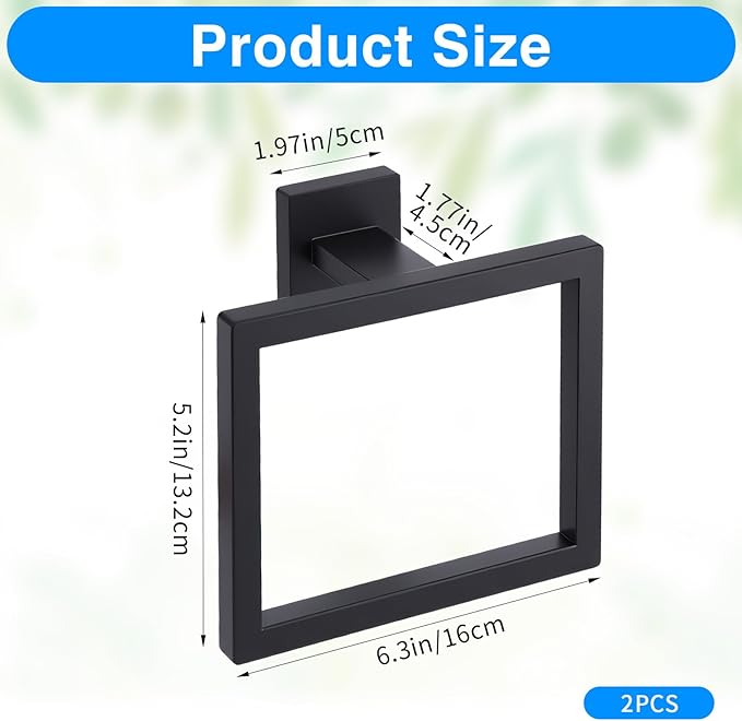 2 Pack Matte Black Towel Ring, Stainless Steel Hand Towel Holder, Modern Square Wall Mounted Bathroom Rack Hangers
