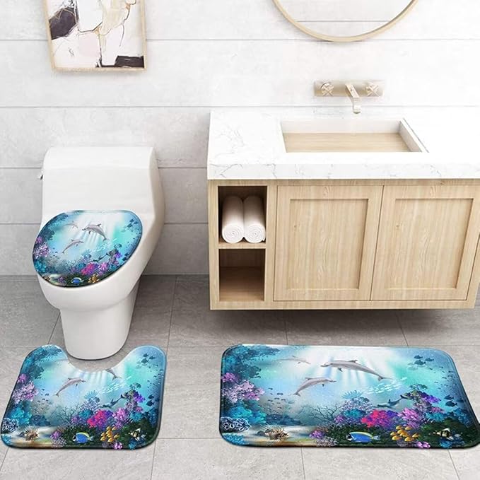 Yizheer 4Pcs Sea Dolphin Coral Bathroom Shower Curtain Set with 12 Hooks Bath Mat Toilet Cover U Shaped Mat- PEVA Material, 72x72 Inches, Bathroom Decor Curtain Liner for Bathtub (Blue)