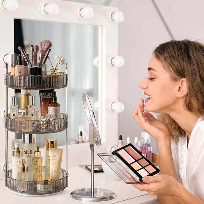 shuang qing Rotating Makeup Organizer for Vanity, High-Capacity Skincare Clear Make Up Storage Perfume Organizers Cosmetic Dresser Organizer Countertop 360 Spinning (Gray, New-3 Tier)