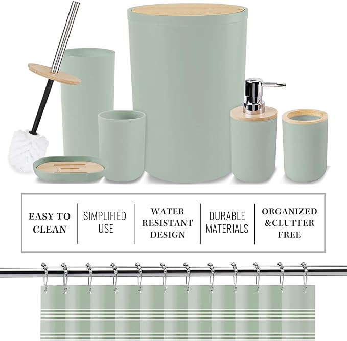 Britimes Bathroom Accessories Sets, Sage Green Shower Curtain Set with Trash Can, Soap Dispenser, Toilet Brush Holder, Toothbrush Holder and Toothbrush Cup for Bathroom Decor (Green)
