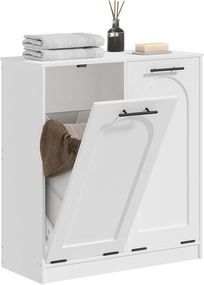 HOOBRO Double Laundry Cabinet, 22 Gal. (83 L) Hamper Cabinet with 2 Hidden Baskets, Farmhouse Storage Basket, Laundry Hamper for Bathroom, Living Room, 14.2" x 28.3" x 32", White WT81XY01N1