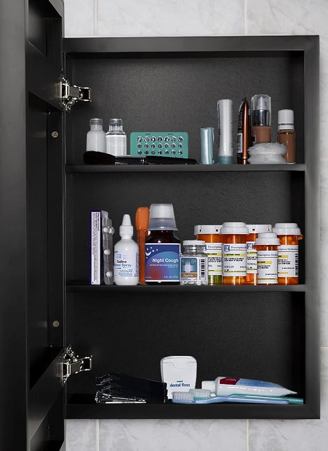 H & A Bathroom Medicine Cabinet with Mirror - Rustic Farmhouse Wall Mounted Storage Cabinet, Recessed or Surface Mount, Soft-Closing Door, Modern Farmhouse Bathroom Decor (Black, 16x24 Inch)