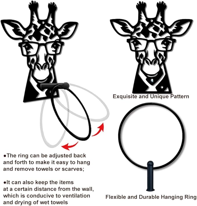 MAYJOYDIY Giraffe Metal Towel Ring Round Eyeglasses Giraffe Hand Towel Holder Ring Hanger Black Vintage Towels Wall Organizer for Kitchen Bath Home Laundry Room Decors Gifts