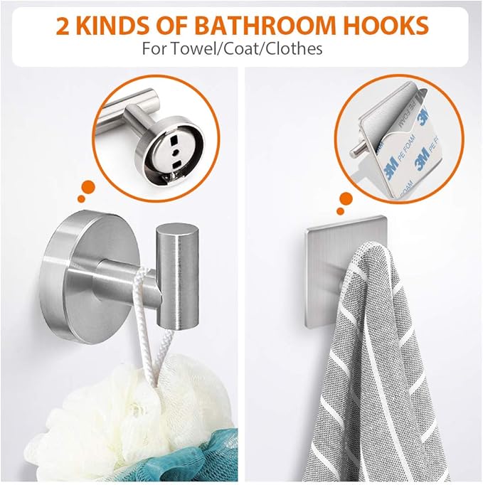 5-Pieces Bathroom Hardware Set Brushed Nickel SUS304 Stainless Steel Round Wall Mounted - Includes 16" Hand Towel Bar, Toilet Paper Holder, 3 Robe Towel Hooks,Bathroom Accessories Kit