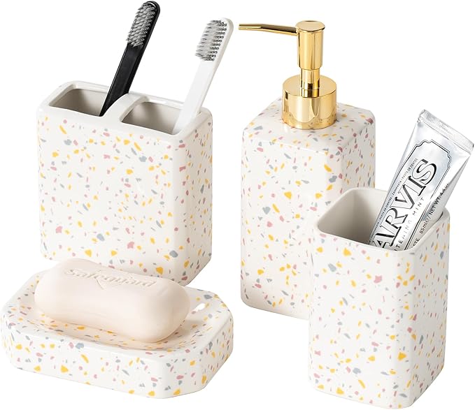 4 Piece Bathroom Accessories Set - Modern Terrazzo Pattern Includes Lotion Dispenser, Toothbrush Holder Tumbler, and Soap Dish - Glossy Finish
