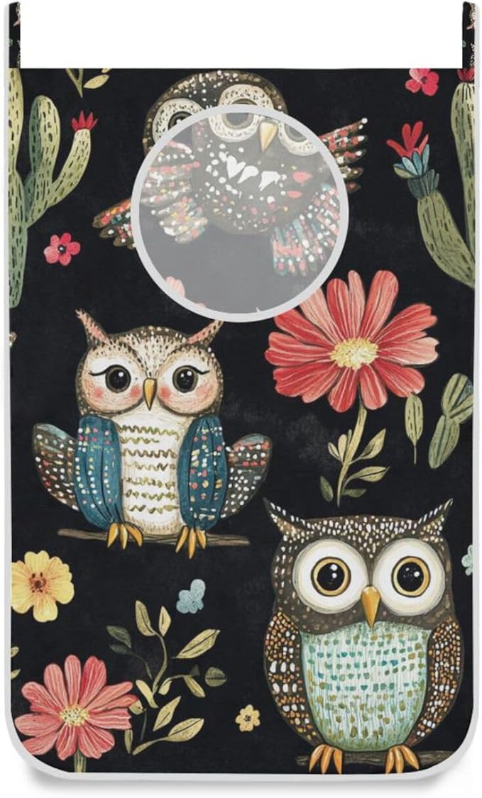 Black Owls Cactus Butterfly Hanging Laundry Hamper Door Hampers Bag Basket with Stainless Steel Hooks Oxford Fabric Printing Decorative Clothes Bags 29.5X20inch 2Pack