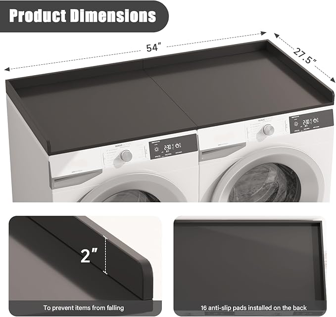 54"×27.5"×2" Foldable Washer Dryer Countertop, Solid Wood Laundry Storage Shelf, Heavy-Duty Folding Table for Washing Machine Organization(Black)