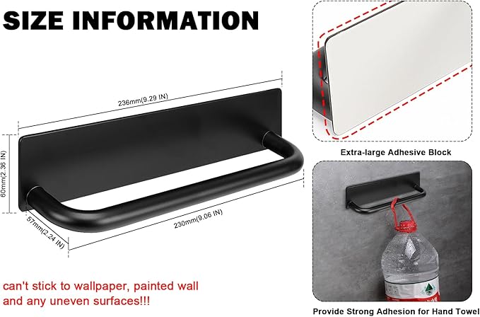 Livabber Self Adhesive Hand Towel Holder- 304 Stainless Steel Hand Towel Bar for Bathroom Kitchen Stick on Wall, Towel Ring No Drilling, 9 Inch (Black)