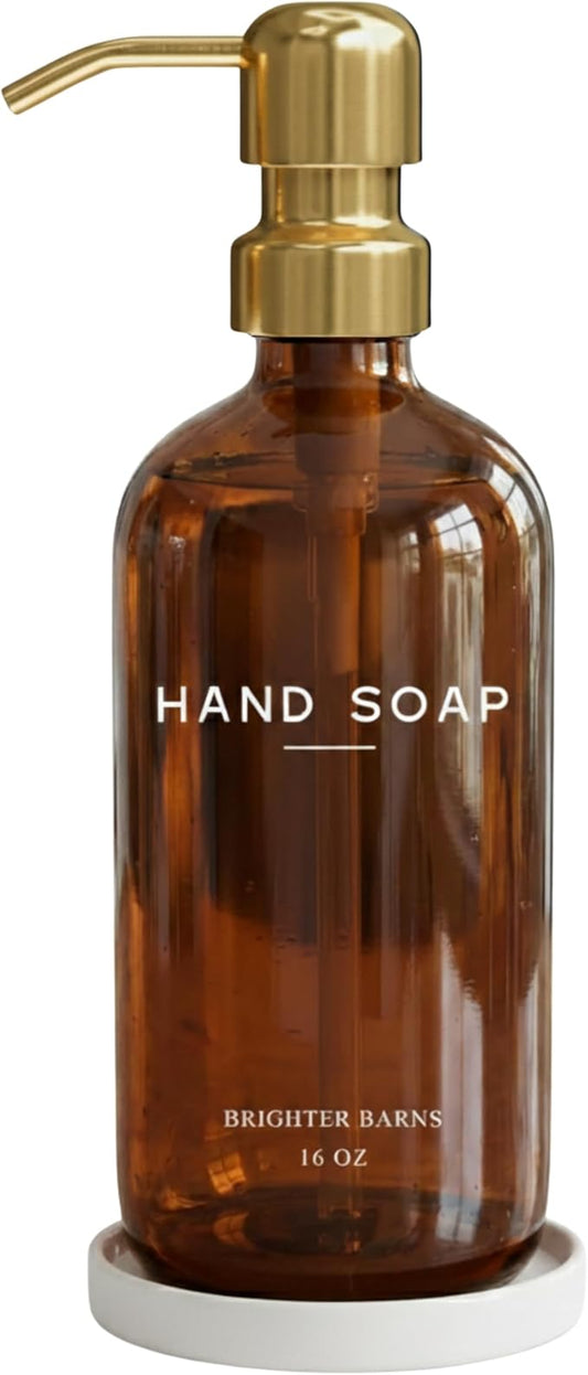Luxury Glass Hand Soap Dispenser Bathroom Set by Brighter Barns - Refillable Liquid Hand Soap Dispenser Set for Kitchen - Gold Bathroom Decor and Accessories for Airbnb, Spa, Hotel, Gifts (Amber/Gold)