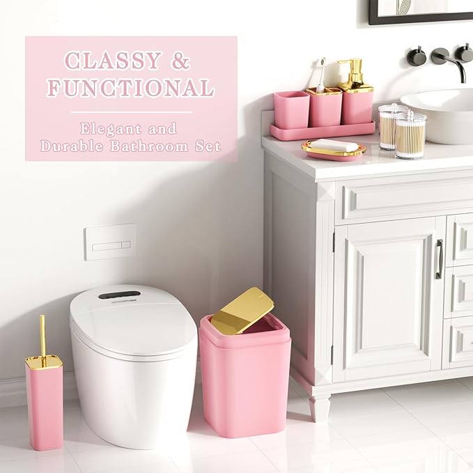 XLHOMO Bathroom Accessories Set - Luxury Pink Bathroom Set, 9 Pieces Bathroom Accessory Set, Pink Bathroom Accessories with Trash Can, Toilet Brush & Soap Dispenser