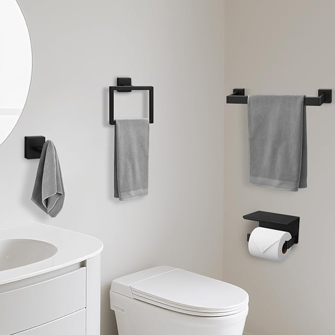 BlumWay 5-Pieces Matte Black Bathroom Accessories Set, 16 Inch Bathroom Hardware Set, SUS304 Stainless Steel, Toilet Paper Holder,Towel Racks for Bathroom Wall Mounted