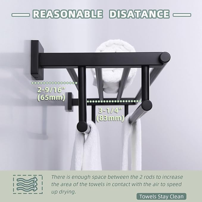 Bathroom Towel Shelf with Bar, Angle Simple Stainless Steel Bath Towel Rack, Double Towel Holder with Shelf, Wall Mount Train Rack Matte Black 23.62 Inches