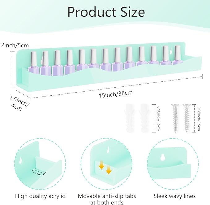 Nail Polish Wall Rack, 6-Shelf 15-Inch Light Green Acrylic Nail Polish Shelves with Removable Ends – Multi-Purpose Shelf for Essential Oils, Cosmetics Storage and Display for Salons and Bathrooms
