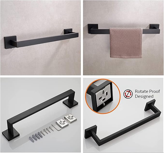 16 Inch Towel Bar for Bathrooms 12/16/20/24/28/32/36 Inch Stainless Steel 304 Matte Black Towel Holder Modern Square Towel Rod Rustproof Wall Mount (1, Matte Black, 16 Inch)