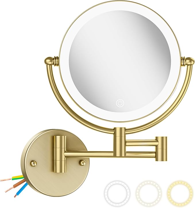 Lighted Makeup Mirror 10x Magnification Wall Mount, Hard Wired Double Sides 3 Color Lighting Touch Dimming, 360 Swivel Extended Arm Shaving Mirror for Bathroom, Satin Brushed Gold
