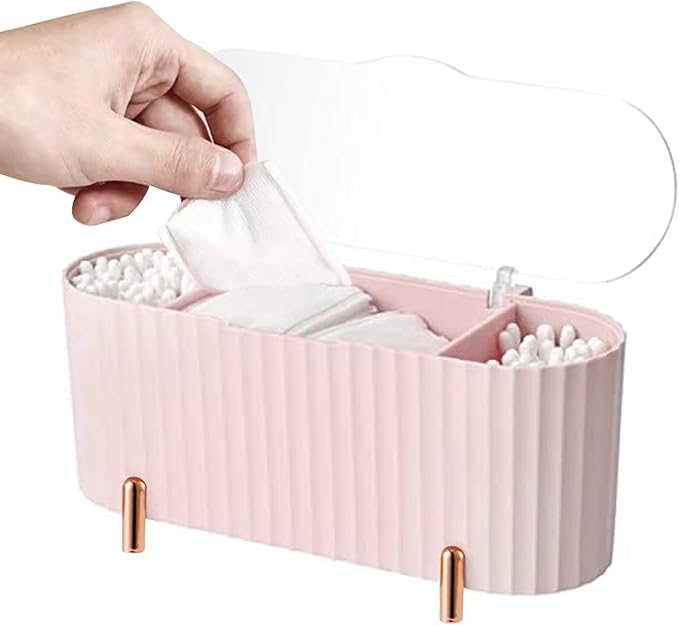 Makeup Organiser 3 Compartments Cotton Pad Holder Cotton Swab Dispenser Makeup Container for Dresser Bedroom Bathroom Cosmetic Bags, Pink