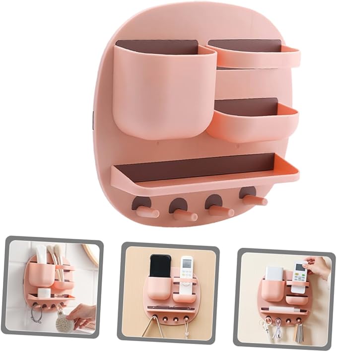 Veemoon Wall-Mounted Bathroom Shelf Organizer with 3 Compartments and Elevated Display Shelf, Pink Storage Rack with 4 Hooks for Toiletries, Space-Saving Wall Storage Holder for Bathroom