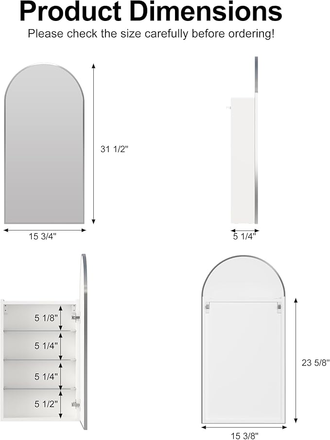 Arched Medicine Cabinets with Mirror,Wall Mounted Brushed Nickel Mirror Cabinet for Bathroom, Metal Edge,Arch Medicine Cabinet Mirror,Bathroom Mirror with Storage,16 x32 Inch