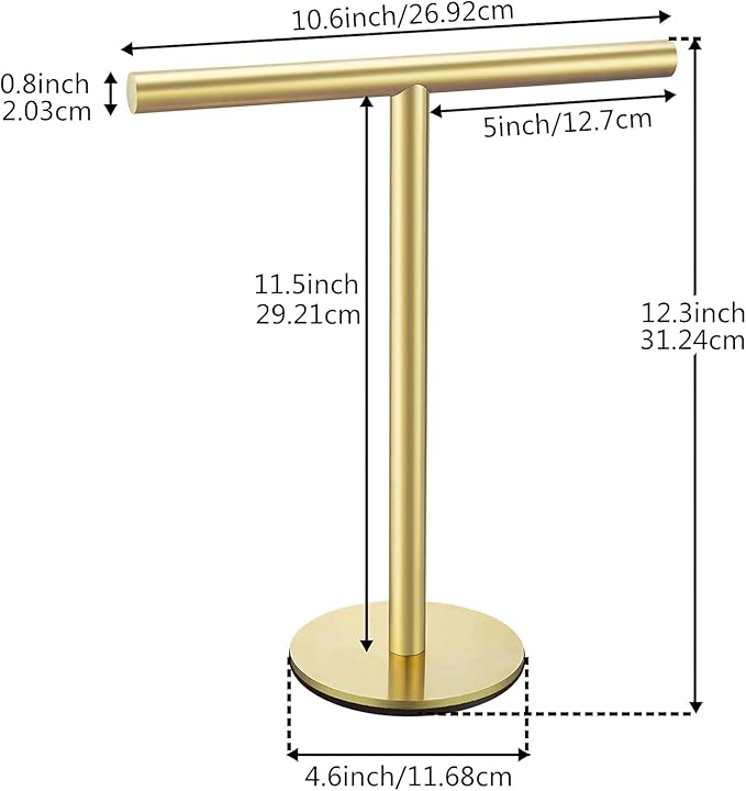 Elibbren Bath Hand Towel Holder Standing, Stainless Steel Golden Towel Bar Rack Stand for Bathroom and Kitchen Vanity Countertop, Modern Towel Holder，1 Pack