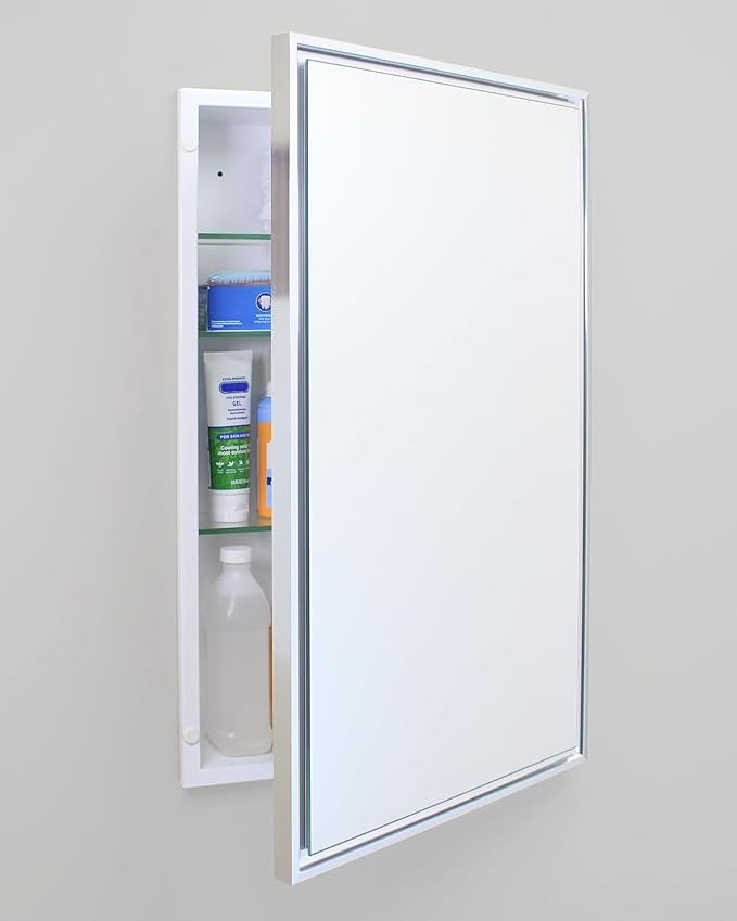 Fox Hollow Furnishings 16x26 Parker Metro Metal Framed Rectangle Recessed Bathroom Medicine Cabinet, Floating Mirror, 14x24 in-Wall Opening, Steel, Adjustable Glass Shelves, Magnet Close, Chrome