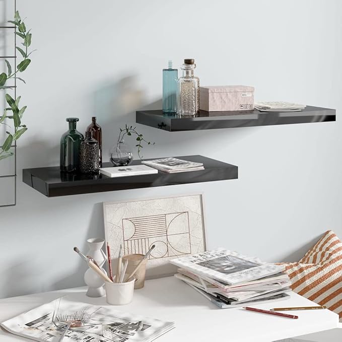 Floating Wall Shelves 2 Pack High Gloss Black Modern Display Shelves 23.6x9.3x1.5 Inches MDF Board for Living Room Bedroom Office Decor Storage