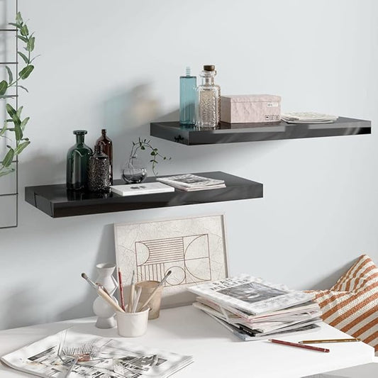Floating Wall Shelves 2 Pack High Gloss Black Modern Display Shelves 23.6x9.3x1.5 Inches MDF Board for Living Room Bedroom Office Decor Storage