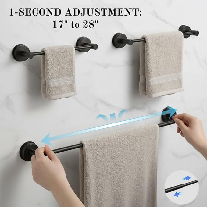 Suction Cup Towel Bar 17-28 Inch Adjustable Retractable Stainless Steel Towel Rack for Bathroom, RV & Renters - No Drill Heavy Duty Wall Mounted Holder, Removable for Glass & Tile (1, Black)