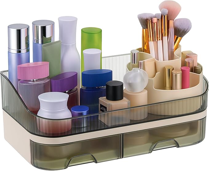 Makeup Organizer for Vanity, Make up Organizer Countertop with Rotating Makeup Brush Holder Cosmetic Display Case with Drawers Bathroom Storage Holder for Lipstick Brush Beauty Skincare