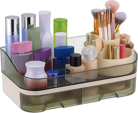 Makeup Organizer for Vanity, Make up Organizer Countertop with Rotating Makeup Brush Holder Cosmetic Display Case with Drawers Bathroom Storage Holder for Lipstick Brush Beauty Skincare