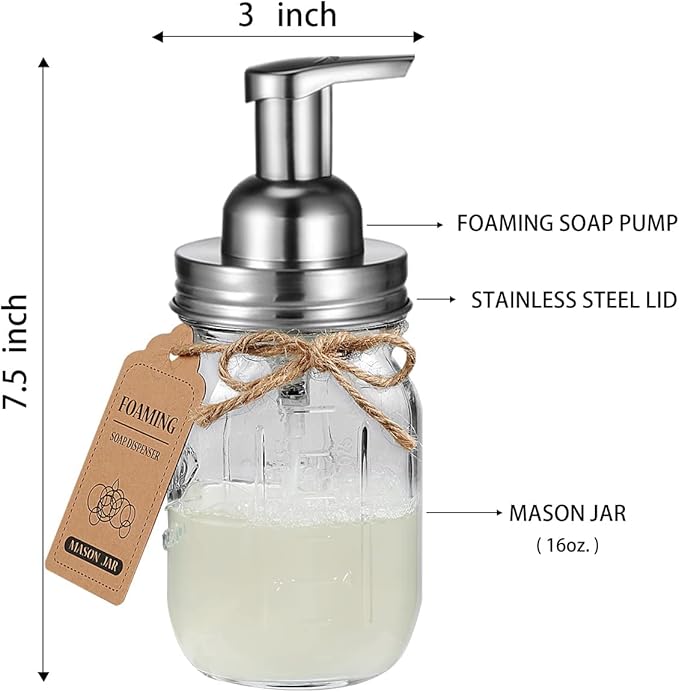 Amolliar Mason Jar Bathroom Accessories Set(4 Pack) - Foaming Soap Dispenser&Qtip Holder &Toothbrush Holder-Rustic Farmhouse Decor Bathroom Organizer Apothecary Jar Country Countertop (Brushed Nickel)