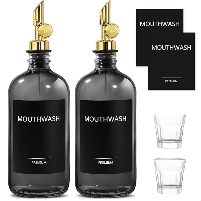 Mouthwash Dispenser for Bathroom, Glass Mouthwash Dispenser with Cup, Mouth Wash Container Bottle with Cup, Refillable Mouthwash Decanter, Clear Blear,17oz 2 Pack