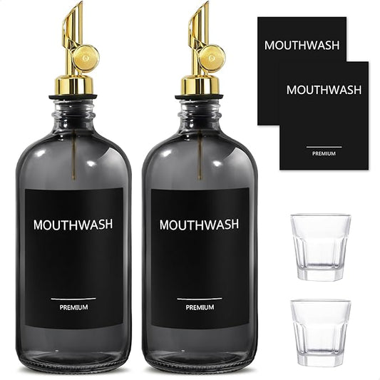 Mouthwash Dispenser for Bathroom, Glass Mouthwash Dispenser with Cup, Mouth Wash Container Bottle with Cup, Refillable Mouthwash Decanter, Clear Blear,17oz 2 Pack