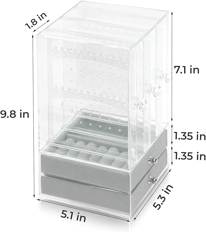 DOZZZ Acrylic Jewelry Organizer Box with 5 Drawers for Women, Clear Earring Holder Storage Display Stand Rack for Rings Necklace Bracelet