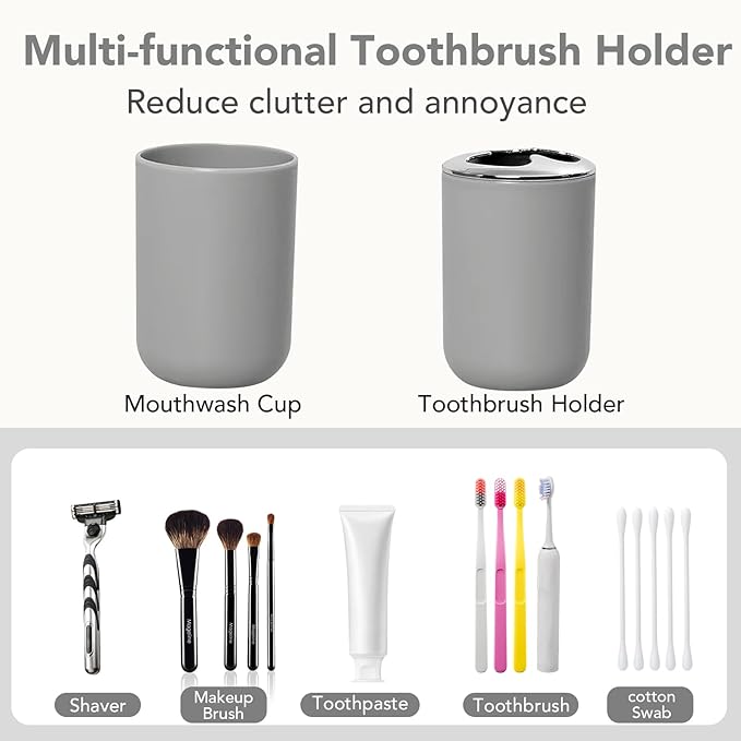Matte Gray Bathroom Accessories Set, 4 Piece Plastic Bathroom Toothbrush Holder Set, Include Soap Dispenser, Toothbrush Holder, Rinse Cup, Soap Dish, Boho Grey Bathroom Decor for Home, Bathroom Set