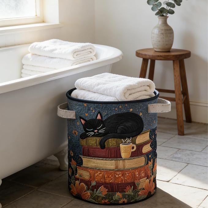 Cat Quilted Laundry Basket - 18"/22"/28", 2026 Large Quilted Cat Laundry Basket with Handles, Cozy Cat Fabric Storage Hamper for Nursery, Bedroom, Laundry Room, Clothes & Toys (8, S 14"X18")