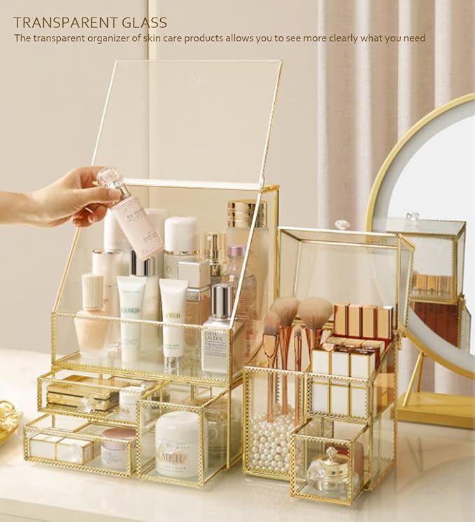 YUEHUA Makeup Organizer Glass Bathroom Countertop Vanity Cosmetic Organizer for Brushes Lipsticks Skincare