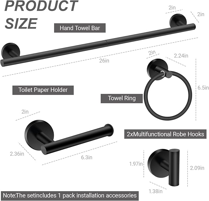 24 Inch Usable Towel Bar, 5-Piece Matte Black Bathroom Accessories, SUS304 Stainless Steel Towel Ring Holder, Toilet Paper Holder with 2 Hooks, Wall Mounted Modern Bathroom Hardware Set